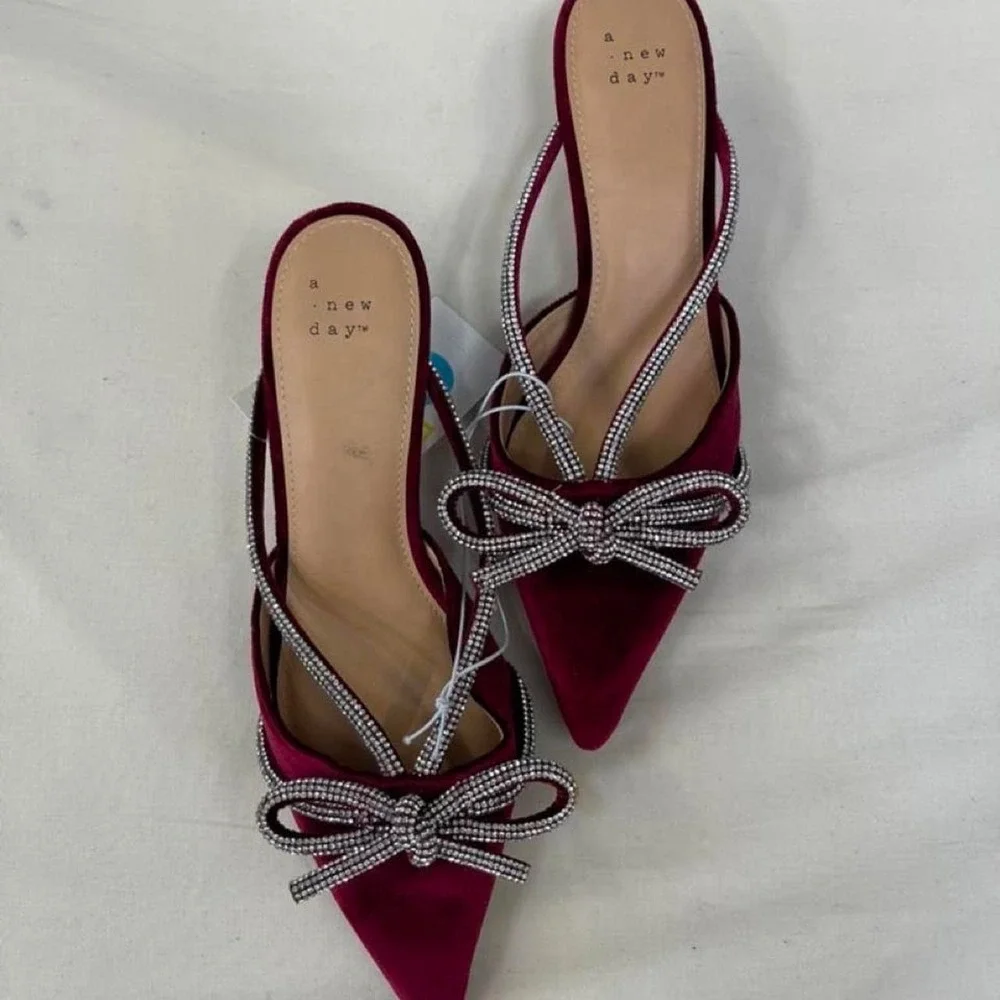 A New Day burgundy velvet kitten heels with silver rhinestone bow detail